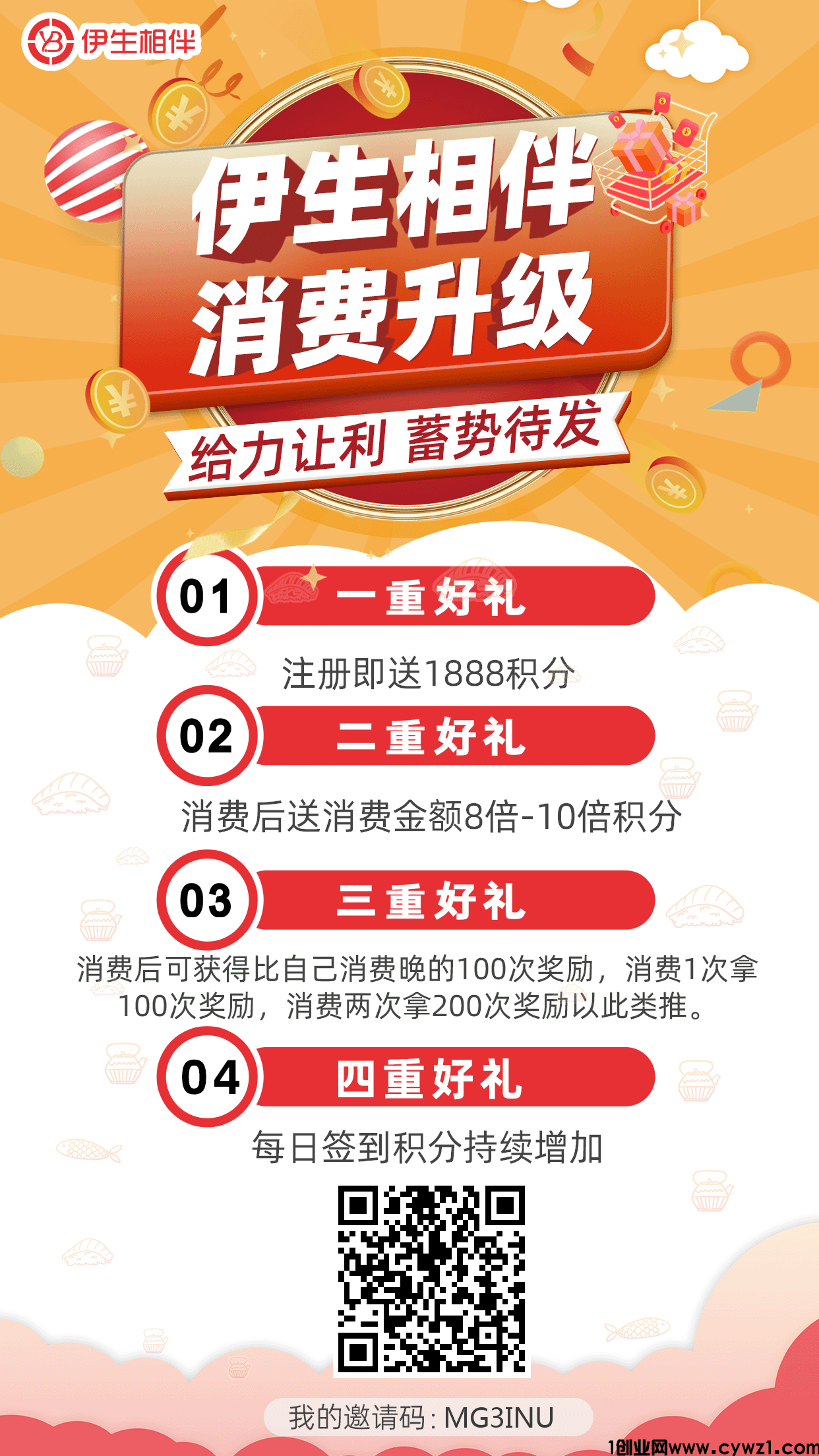 伊生相伴，不推广人的福音每次消费可领取全网，你后100人购物的积分奖励，积分每天万五分红